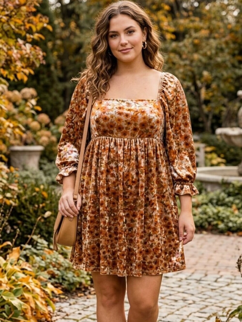 Storia Floral Puff Sleeve Babydoll Dress Shiny Orange Brown Women’s Large Velvet